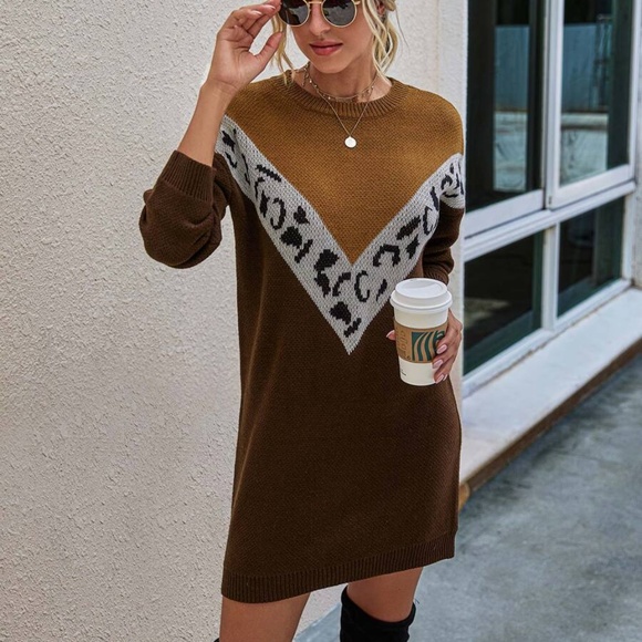 Black Grey Oversized Chevron Leopard print Sweater Dress - Picture 7 of 11